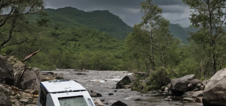 Edge computing device processing local weather data in a stormy mountainous region with IoT sensors and holographic ML interface.