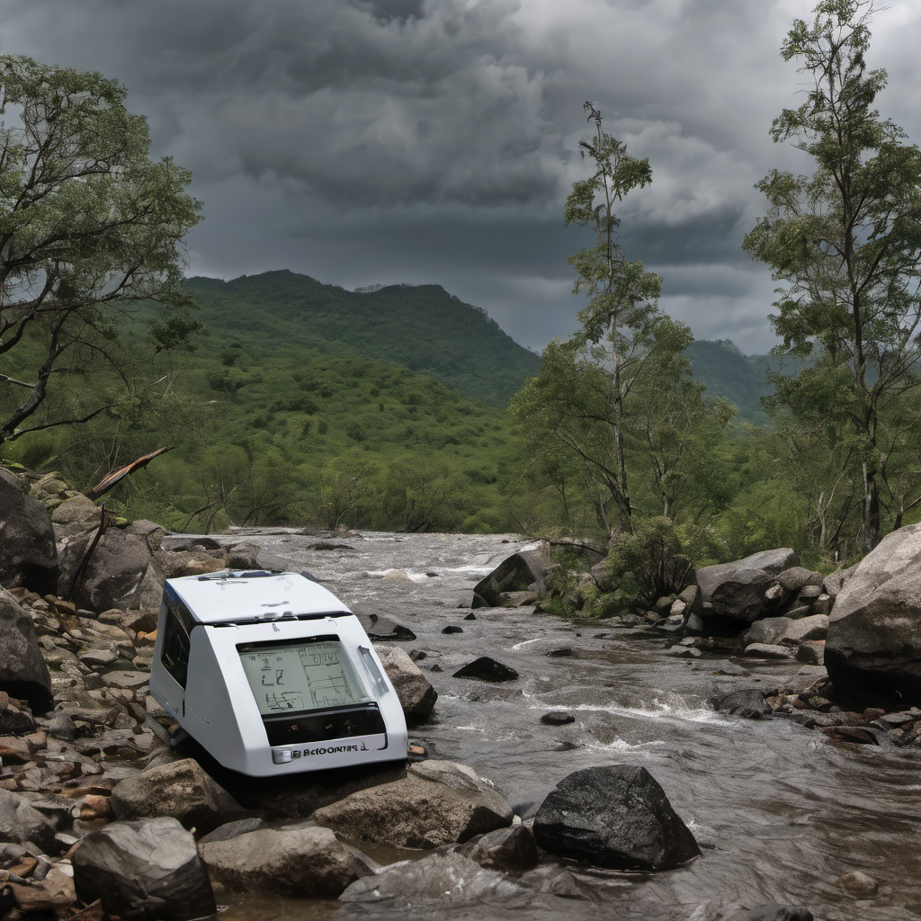Edge computing device processing local weather data in a stormy mountainous region with IoT sensors and holographic ML interface.