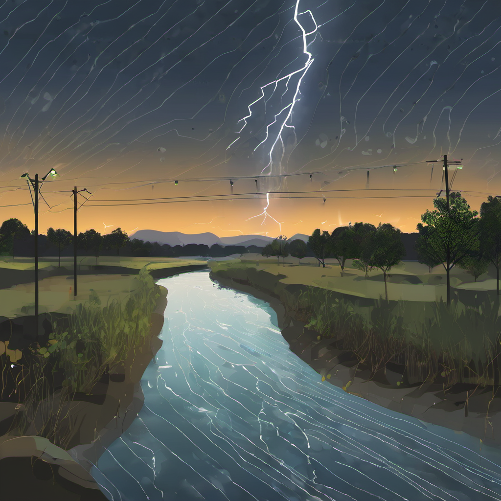 IoT sensors and AI drone projecting flood prediction map in a river valley at night.