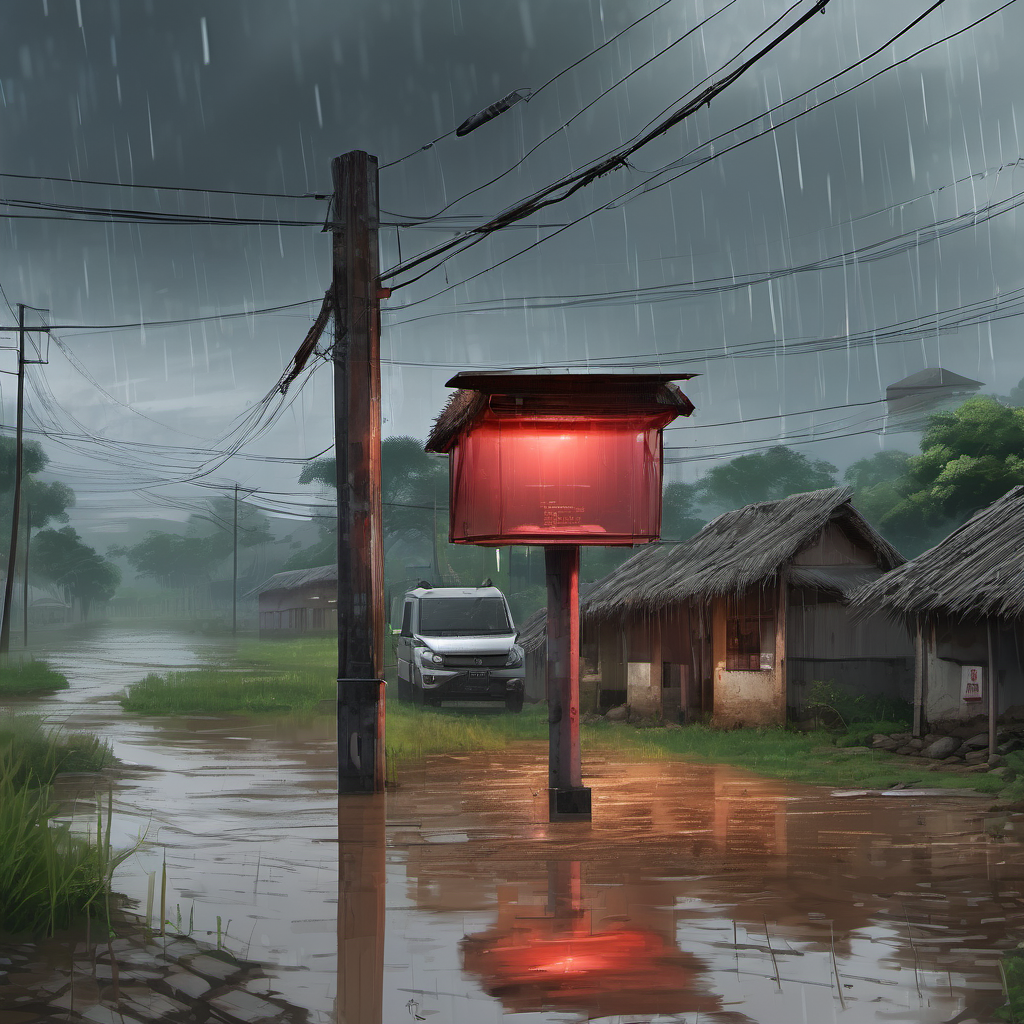 AI-powered warning system with LED lights and drainage system activating during a monsoon in a rural village.