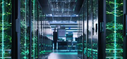 A high-tech data center with glowing servers, floating AI patterns, and a dashboard displaying real-time metrics, symbolizing AI-driven server resource optimization.