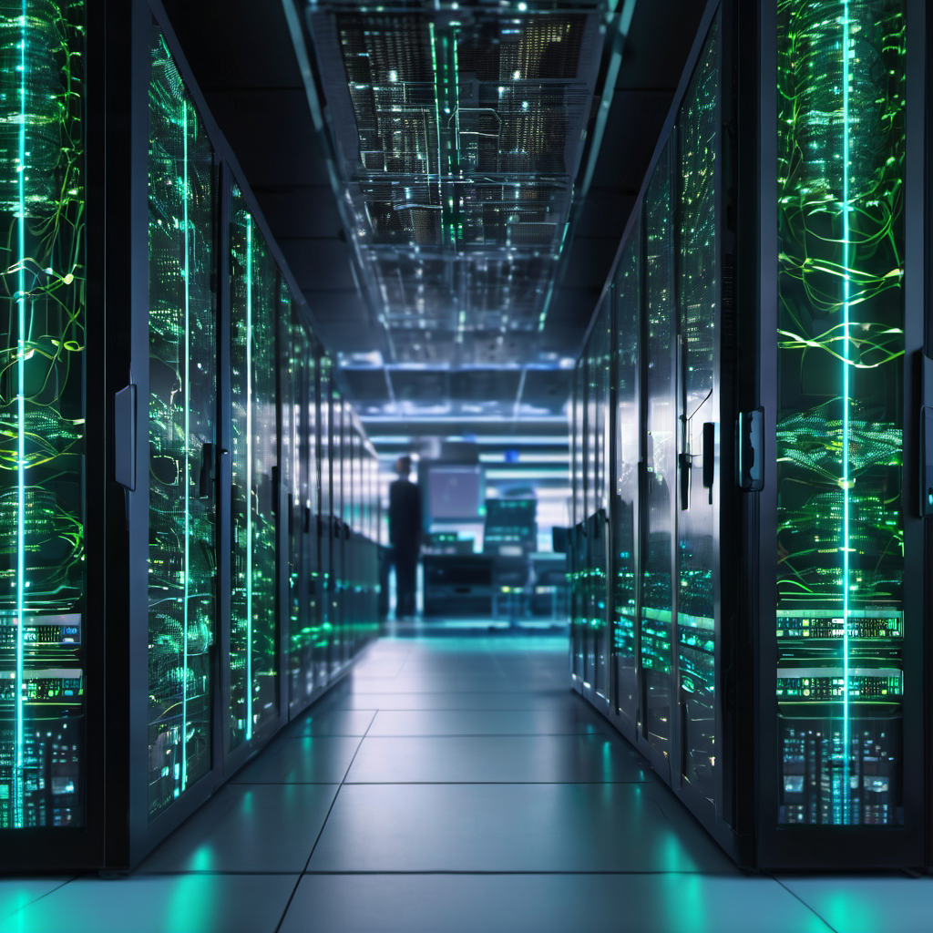A high-tech data center with glowing servers, floating AI patterns, and a dashboard displaying real-time metrics, symbolizing AI-driven server resource optimization.
