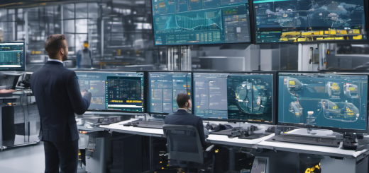 A control room with edge devices and a digital twin interface on a screen, illustrating AI Local implementation in a factory setting.