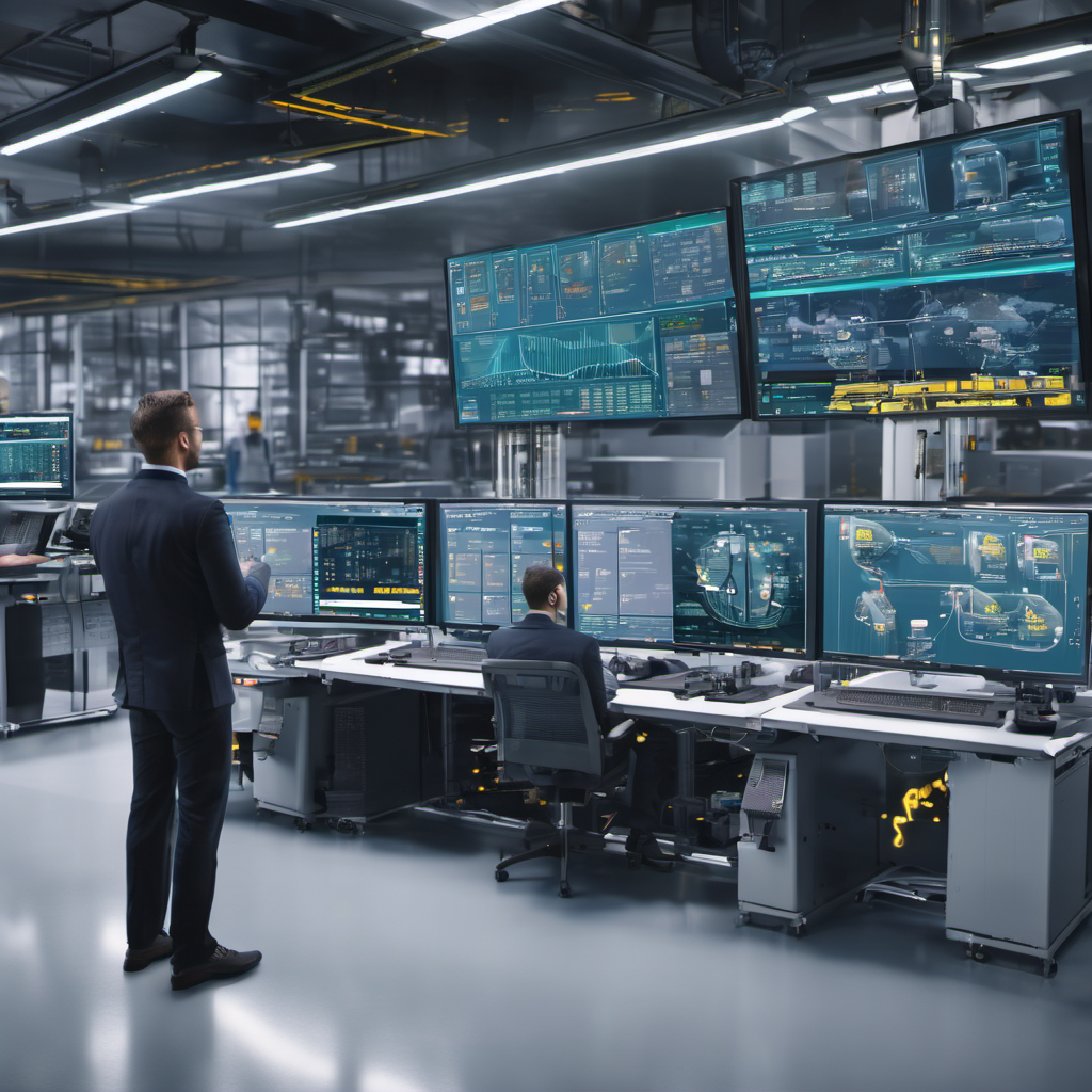 A control room with edge devices and a digital twin interface on a screen, illustrating AI Local implementation in a factory setting.