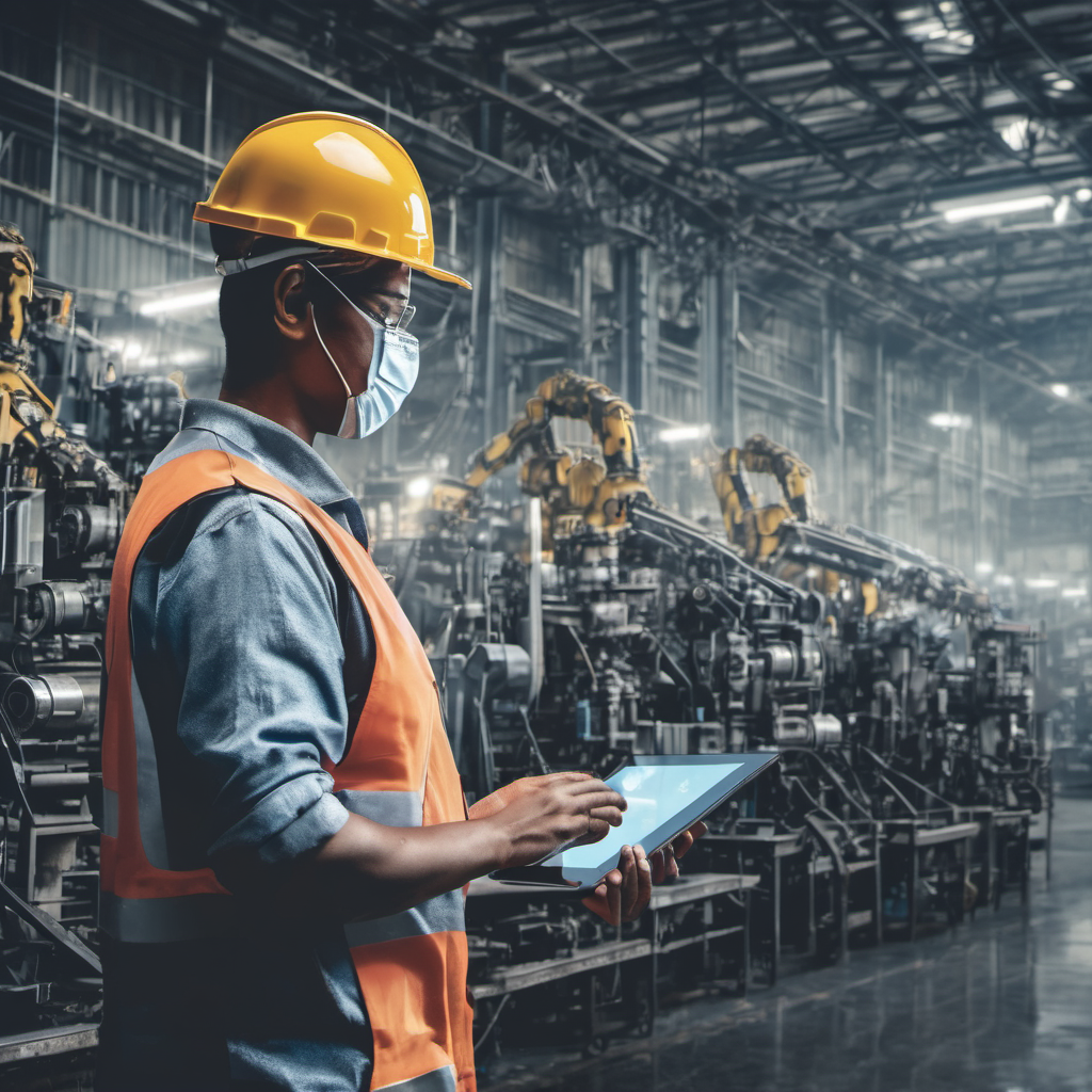 Factory worker using offline tablet with AI suggestions in industrial setting