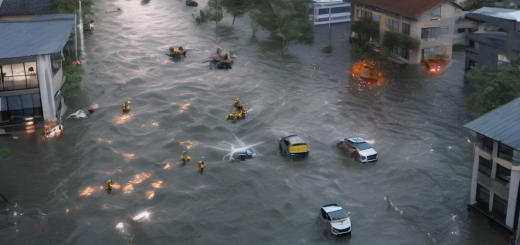 Smart city emergency response with AI drones and edge computing during a flood.