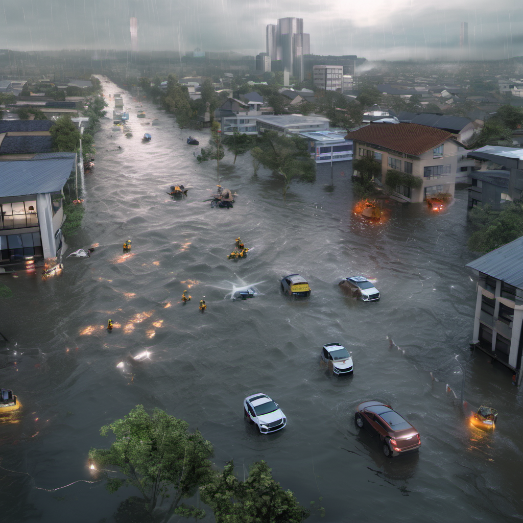 Smart city emergency response with AI drones and edge computing during a flood.