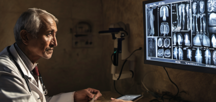 Doctor using AI medical device in a remote clinic, displaying diagnostic results on a screen