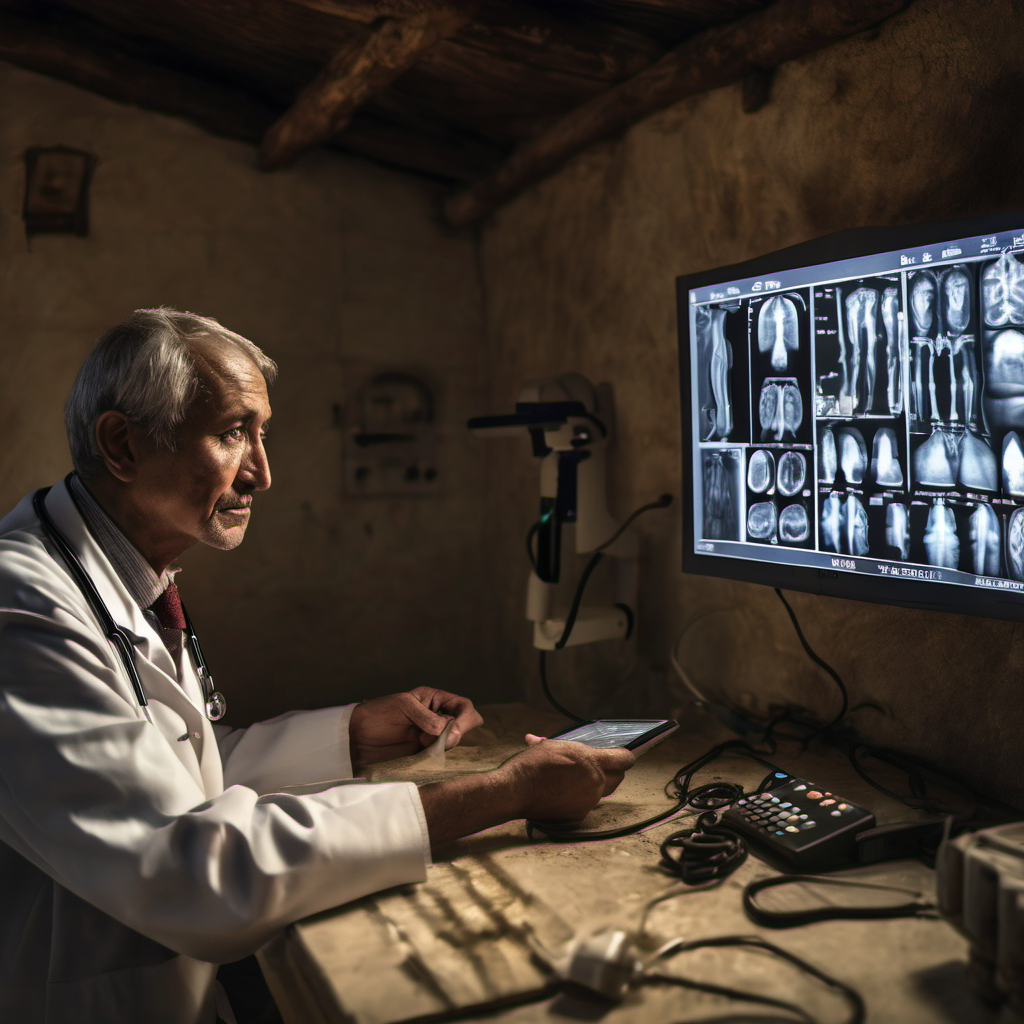 Doctor using AI medical device in a remote clinic, displaying diagnostic results on a screen