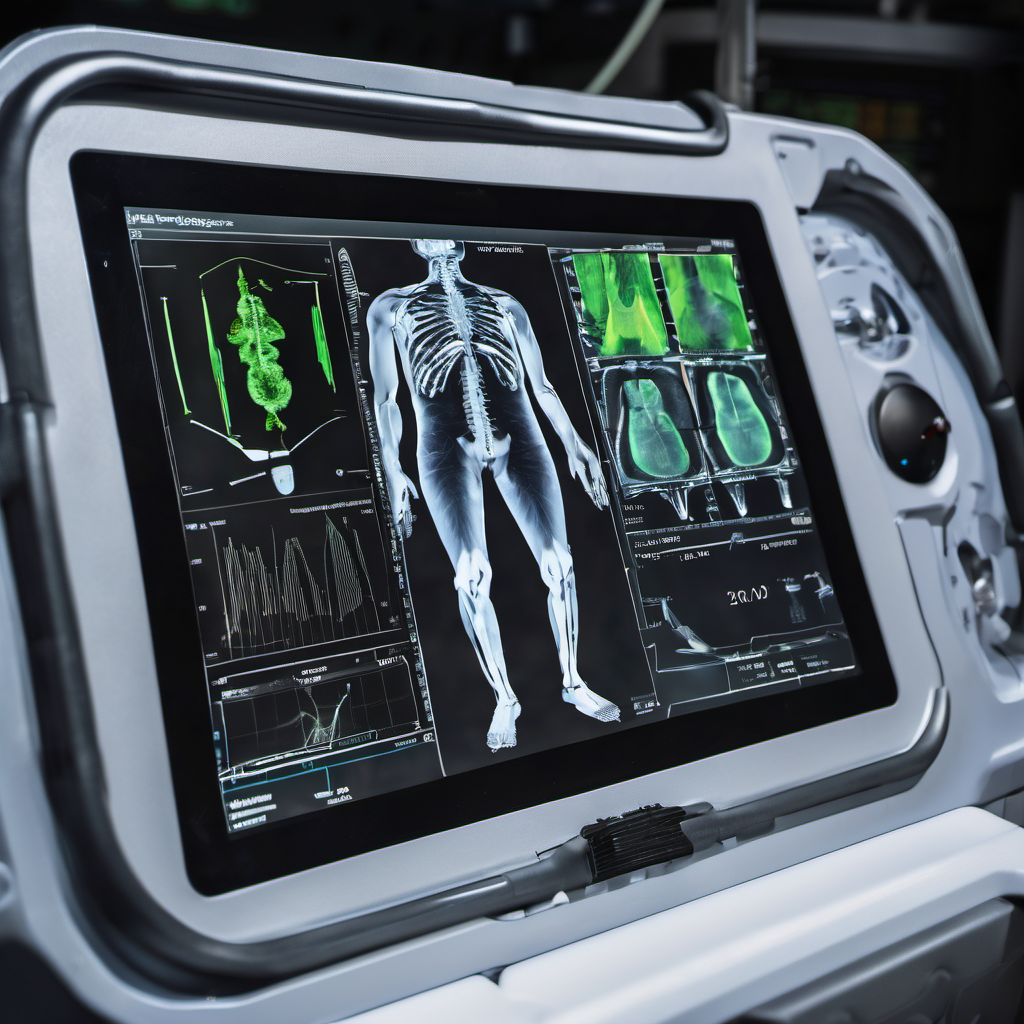 Rugged tablet analyzing medical images in a mobile health unit, showing AI detection highlights