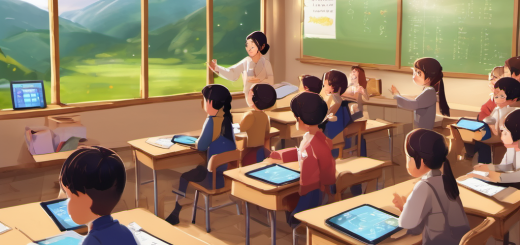 Students in a rural classroom using AI Local tablets for personalized learning, with a teacher assisting them.
