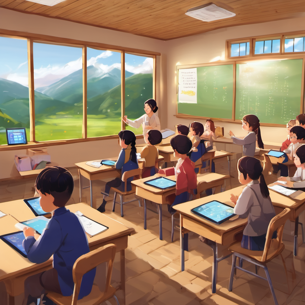 Students in a rural classroom using AI Local tablets for personalized learning, with a teacher assisting them.