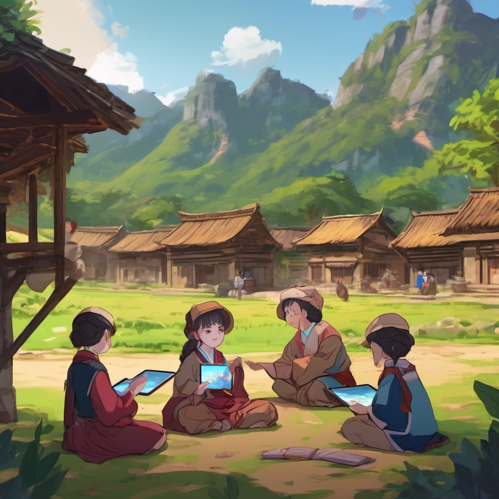 Students in a mountainous village using AI Local tablets for interactive learning in a traditional setting.