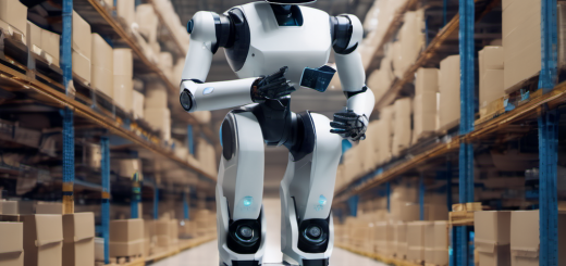 Autonomous robots and AI sensors in a warehouse processing inventory data offline
