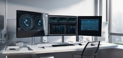 A professional workspace setup with a high-performance computer, multiple monitors displaying code and data visualizations, a visible GPU card, and icons representing AI applications such as chatbots and data analysis tools.