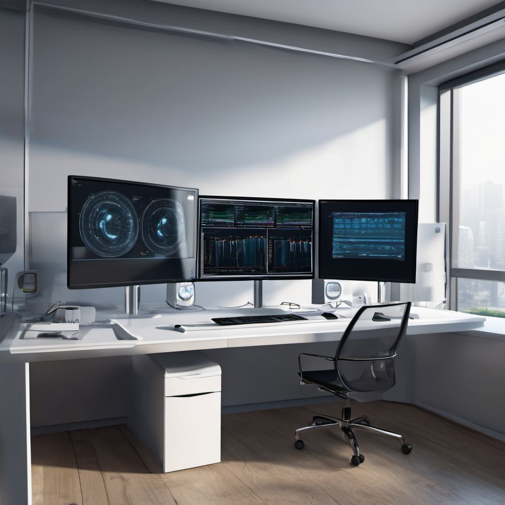 A professional workspace setup with a high-performance computer, multiple monitors displaying code and data visualizations, a visible GPU card, and icons representing AI applications such as chatbots and data analysis tools.