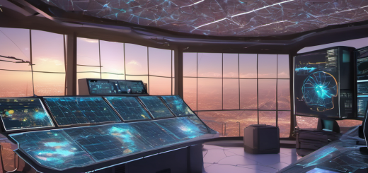 A futuristic control room with a holographic dashboard showing energy flow from solar panels, wind turbines, and batteries, with AI algorithms visualized as glowing neural networks.