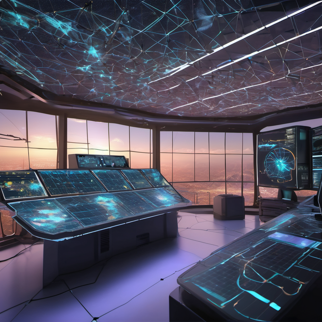 A futuristic control room with a holographic dashboard showing energy flow from solar panels, wind turbines, and batteries, with AI algorithms visualized as glowing neural networks.