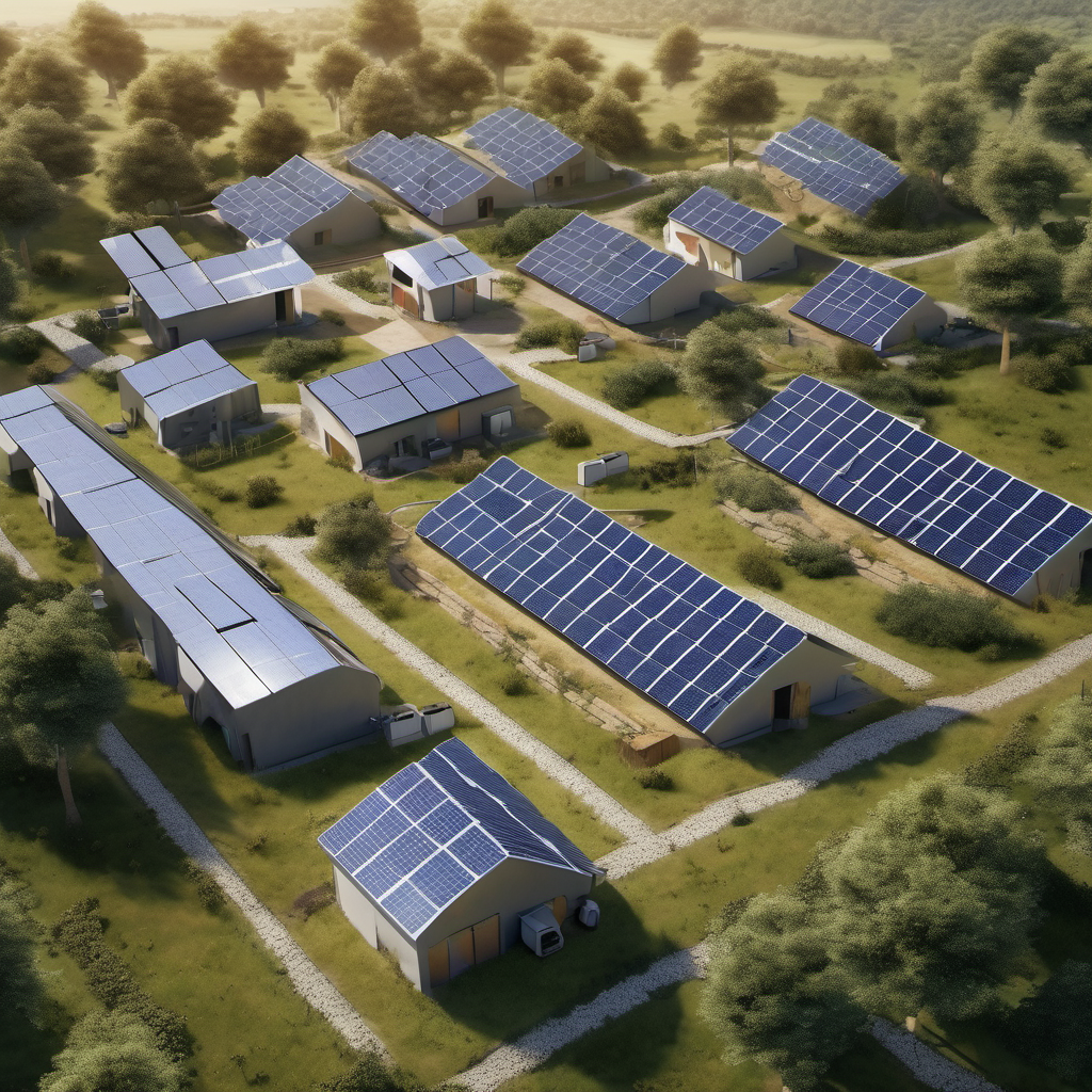 A remote village with solar panels and wind turbines, connected to a central AI system and energy storage units, demonstrating off-grid energy self-sufficiency.