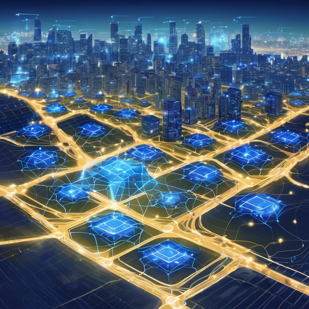 A smart city with interconnected renewable energy systems, AI-managed grids, and IoT devices, showcasing future automated energy distribution.