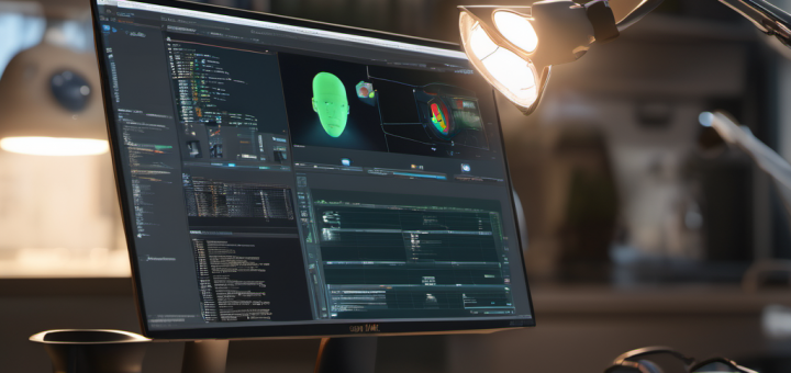 Laptop running AI software with local model processing, no internet connection, professional workspace.
