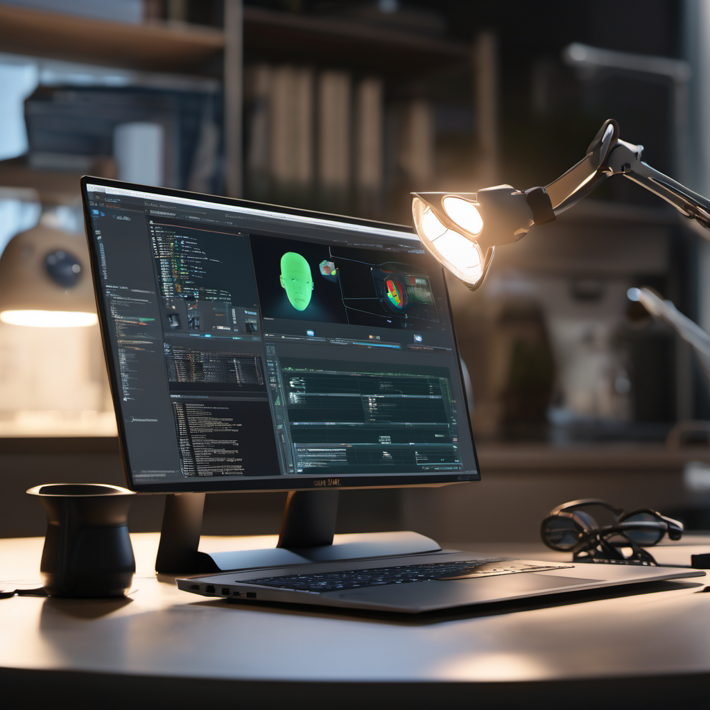 Laptop running AI software with local model processing, no internet connection, professional workspace.