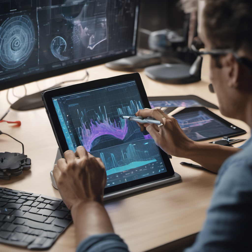 Graphic designer creating a poster on a tablet with AI tools, offline 3D modeling and audio processing on desktop.