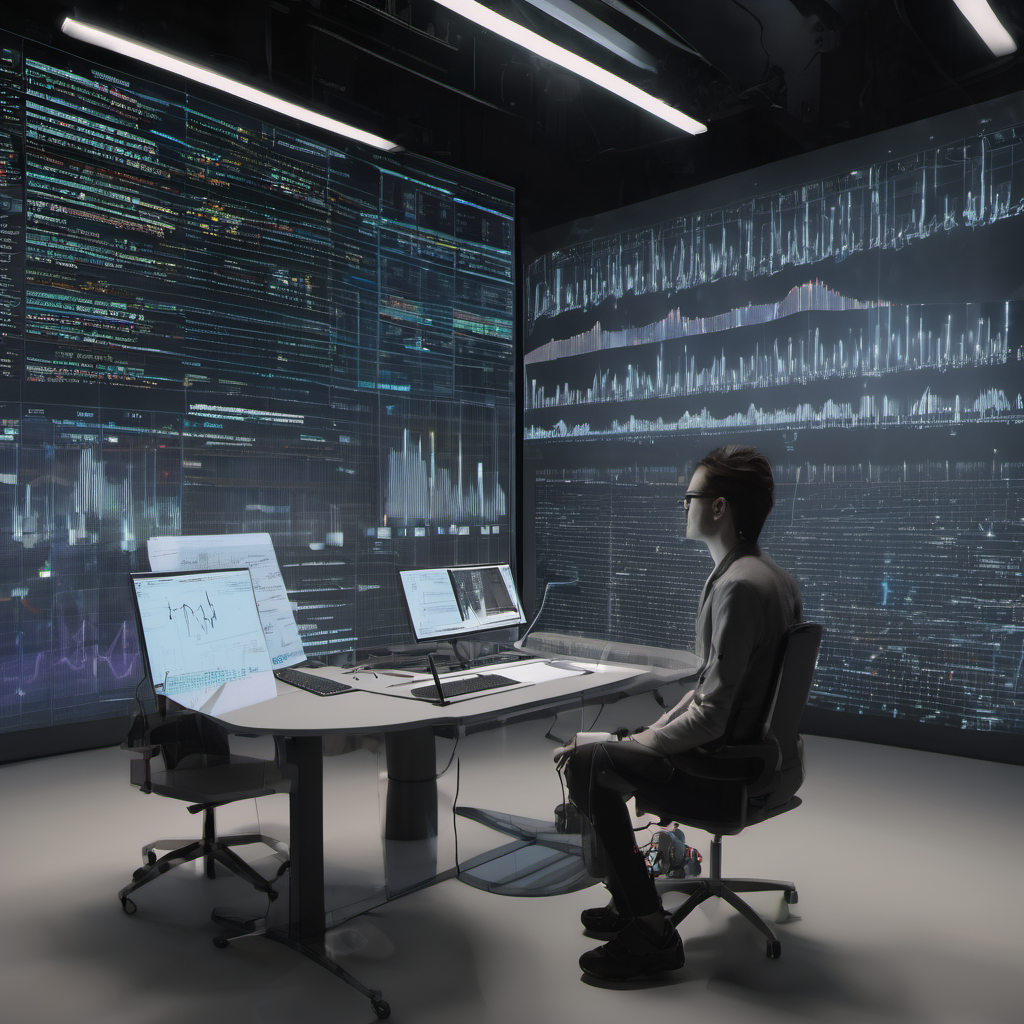 Split-screen showing speech analysis on one side and a holographic dictionary on the other, in a high-tech learning environment.