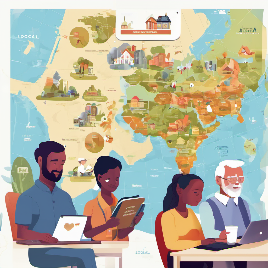 Multiple users in different settings using AI Local on various devices, with a world map in the background indicating offline learning availability.