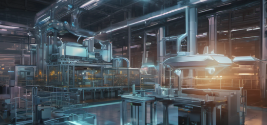 AI Local technology in action on a factory floor, with real-time data analysis displayed through holographic interfaces.