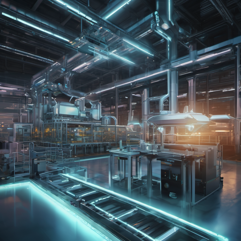AI Local technology in action on a factory floor, with real-time data analysis displayed through holographic interfaces.