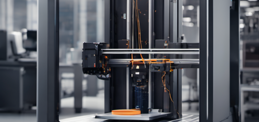 3D printer with AI interface showing data analysis, local servers, and industrial components in a clean workspace.