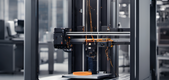 3D printer with AI interface showing data analysis, local servers, and industrial components in a clean workspace.