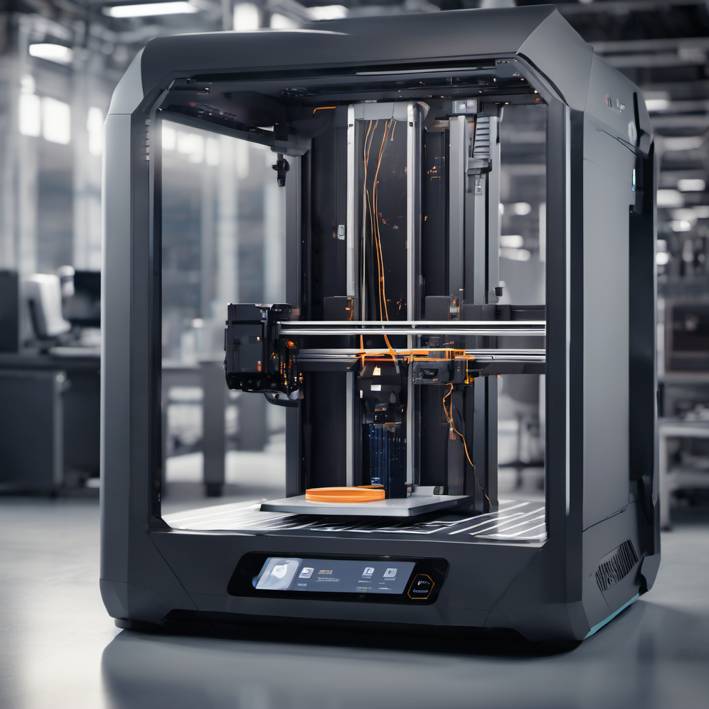 3D printer with AI interface showing data analysis, local servers, and industrial components in a clean workspace.