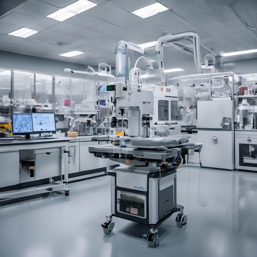 Medical lab with 3D printer using AI Local for predictive maintenance and material optimization.
