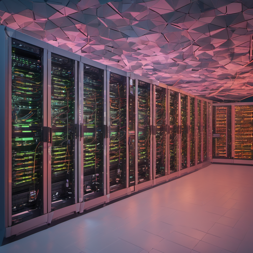 Secure server room with decentralized nodes showing local model training and encrypted data streams.