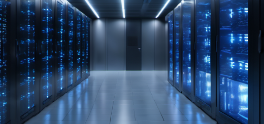 Secure server room with AI cybersecurity hardware and real-time threat detection on a screen