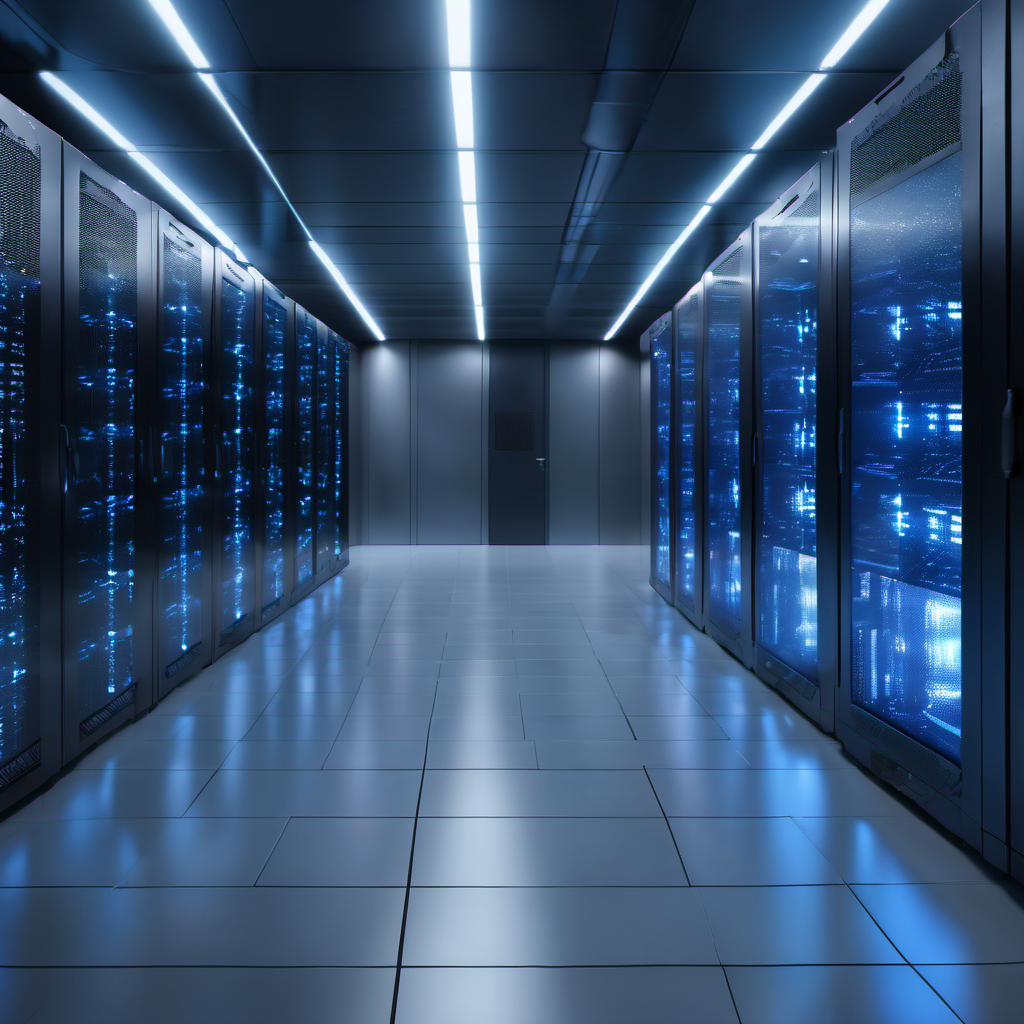 Secure server room with AI cybersecurity hardware and real-time threat detection on a screen