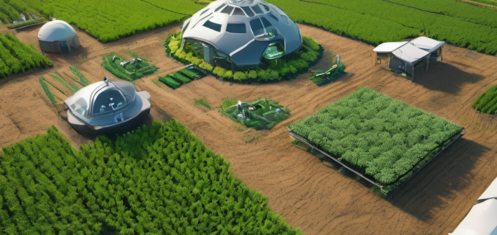 AI sensors and drones in a smart farm field, processing data locally for autonomous agriculture.