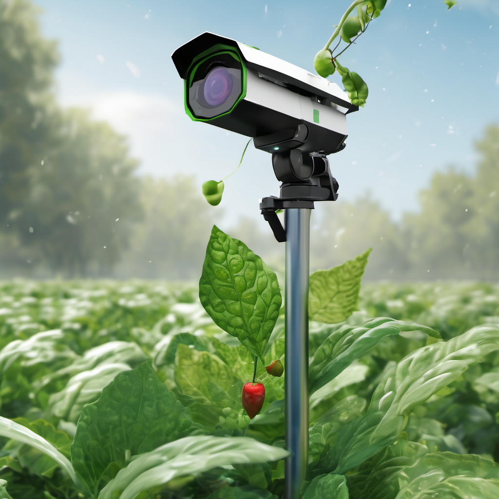 AI camera detecting pests on crops using local processing, with LED alerts for early warning.