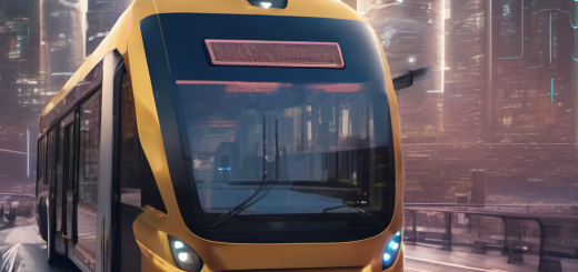 A modern bus with local AI processing units analyzing traffic data offline, reducing congestion in a city environment.