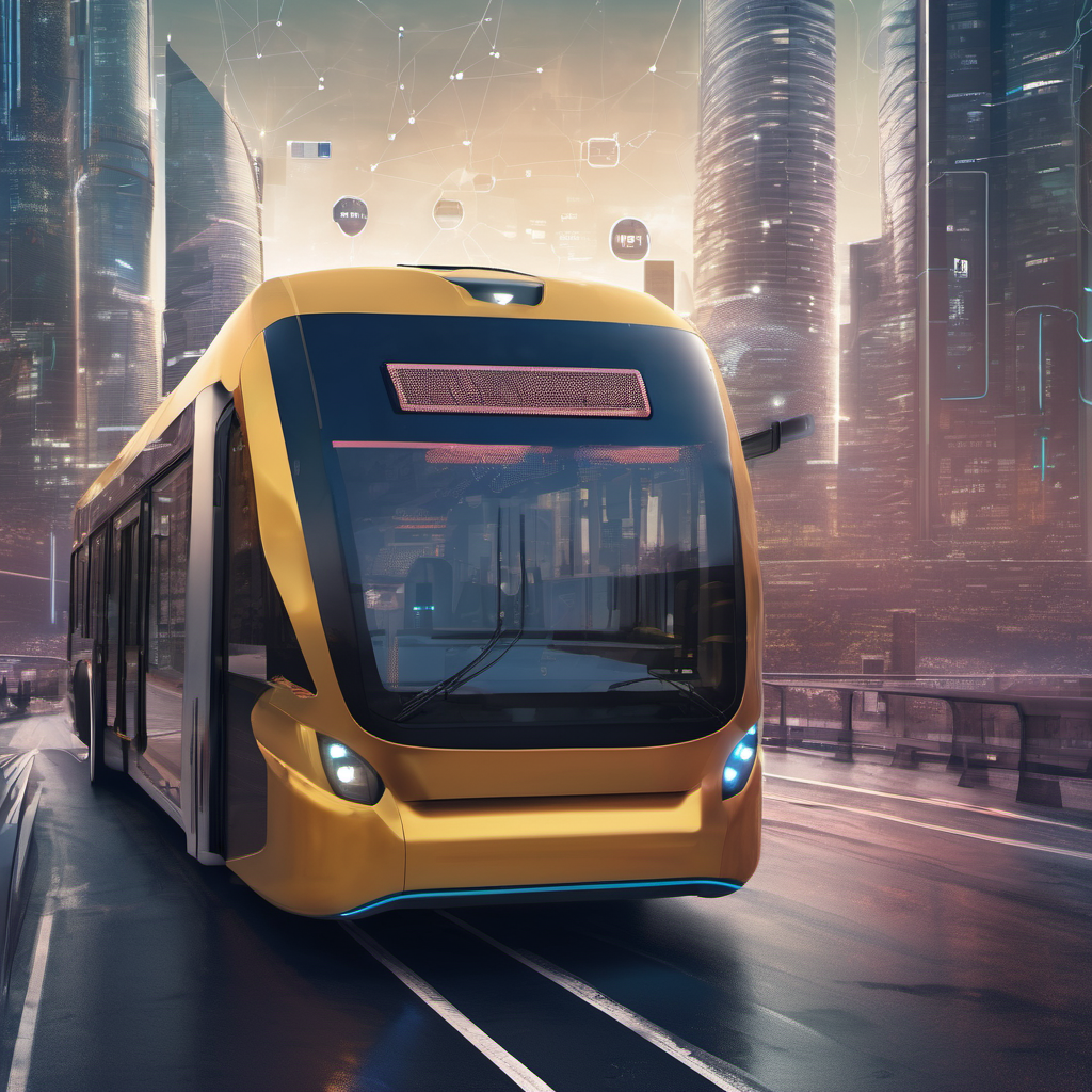 A modern bus with local AI processing units analyzing traffic data offline, reducing congestion in a city environment.