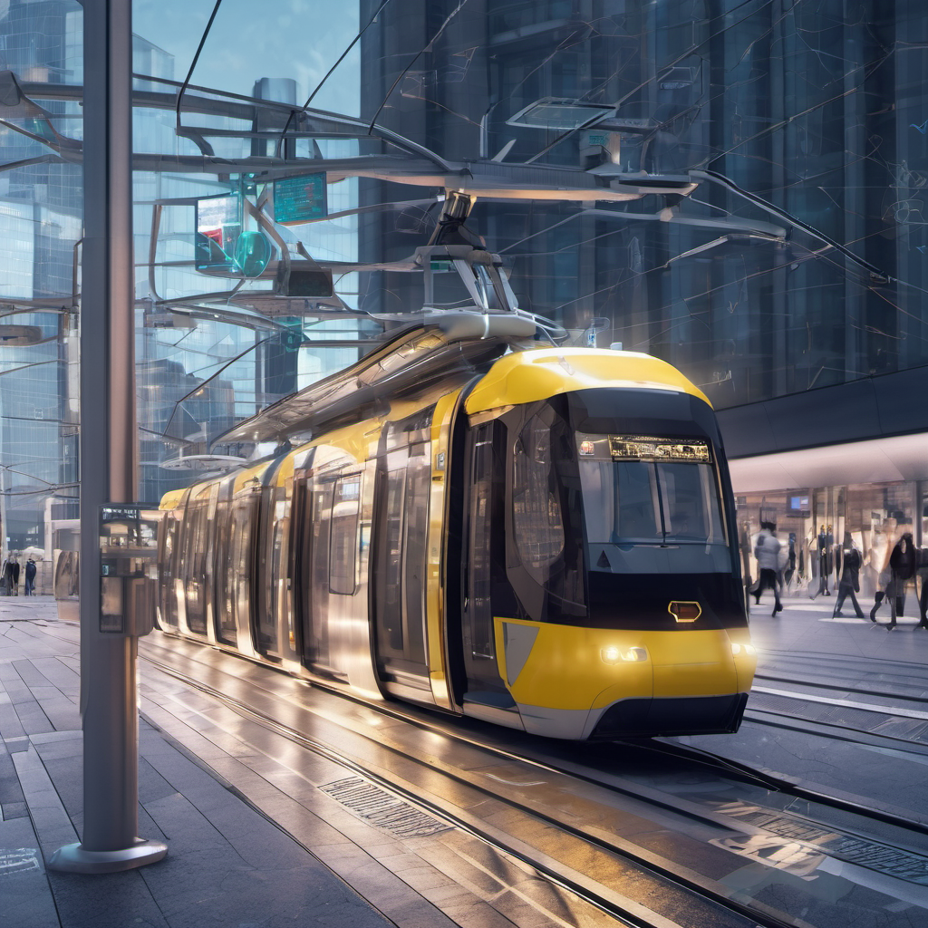 Tram station with local sensors and edge computing devices processing traffic data for optimized scheduling.