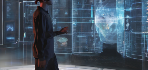 A person using a VR headset to interact with AI-generated training modules, with a local server processing data in the background.