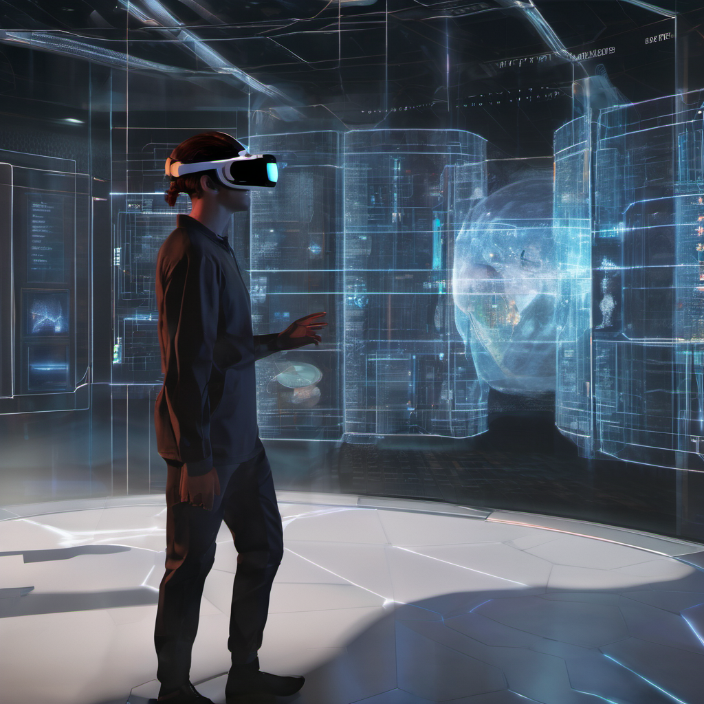 A person using a VR headset to interact with AI-generated training modules, with a local server processing data in the background.