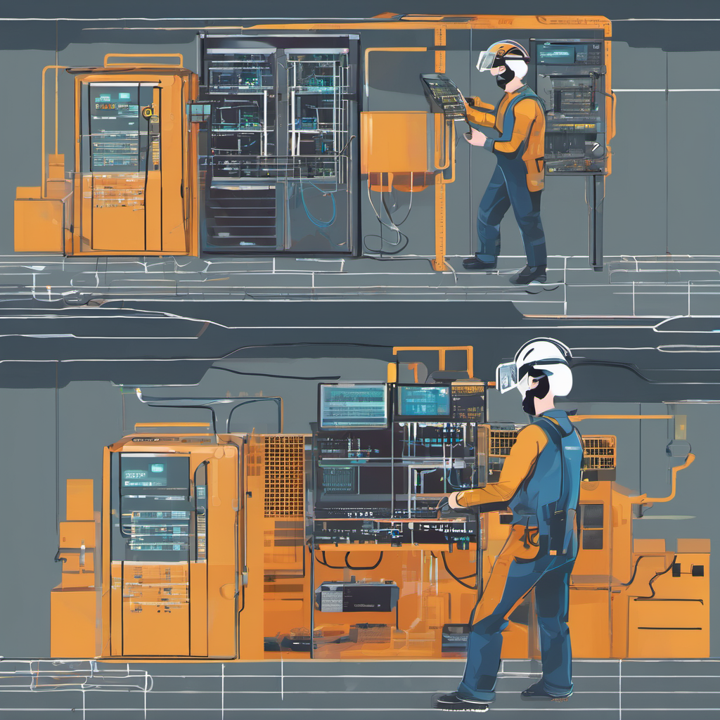 Secure local server on the left and a VR technician practicing maintenance in a remote area on the right.