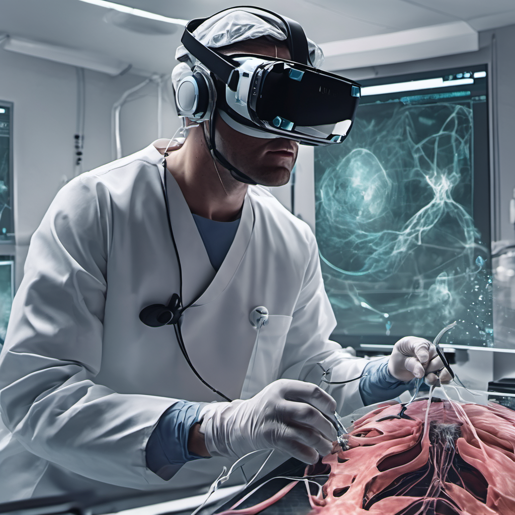 A surgeon using VR for virtual surgery training, with AI feedback overlays in the surgical environment.