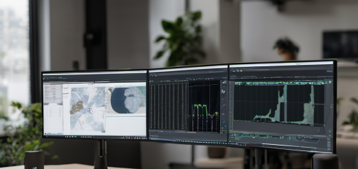 Professional workspace with RTX 3060 GPU, ComfyUI interface generating AI images, WordPress dashboard, and n8n automation tools on multiple monitors.