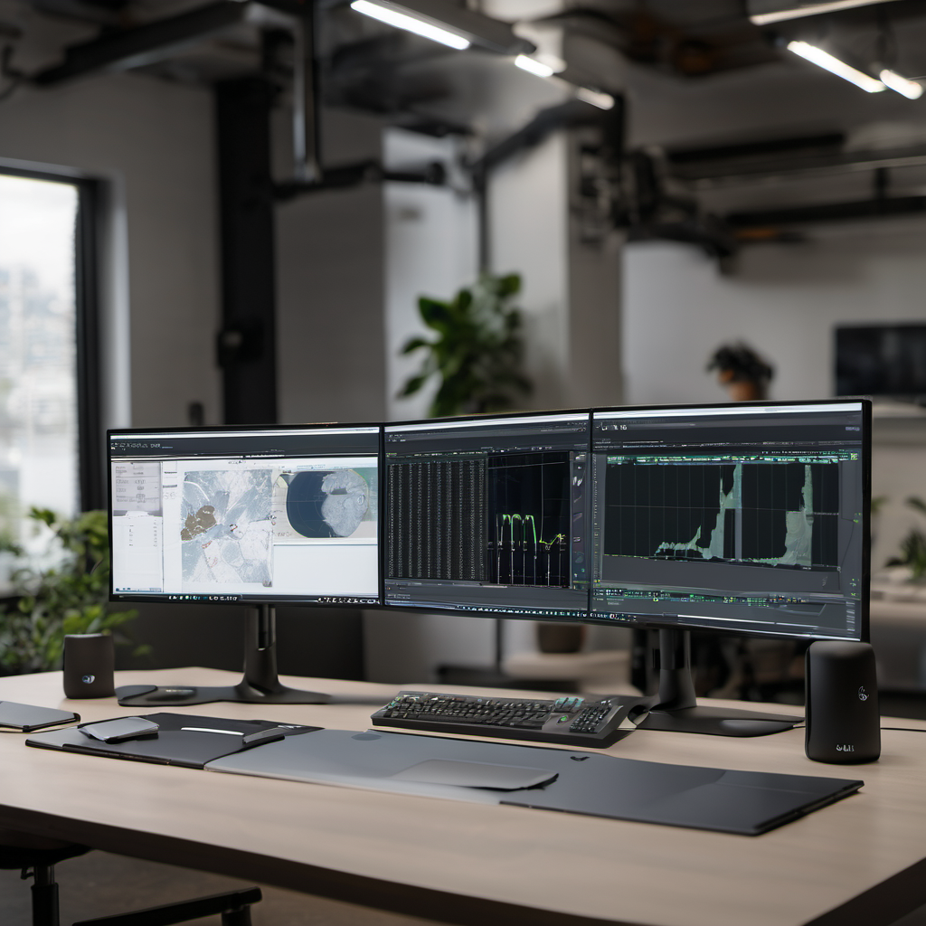 Professional workspace with RTX 3060 GPU, ComfyUI interface generating AI images, WordPress dashboard, and n8n automation tools on multiple monitors.