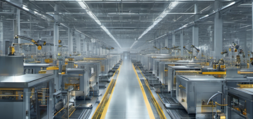 AI cameras and sensors on a factory floor detecting defects in real time, highlighting autonomous offline processing in a high-tech industrial environment.